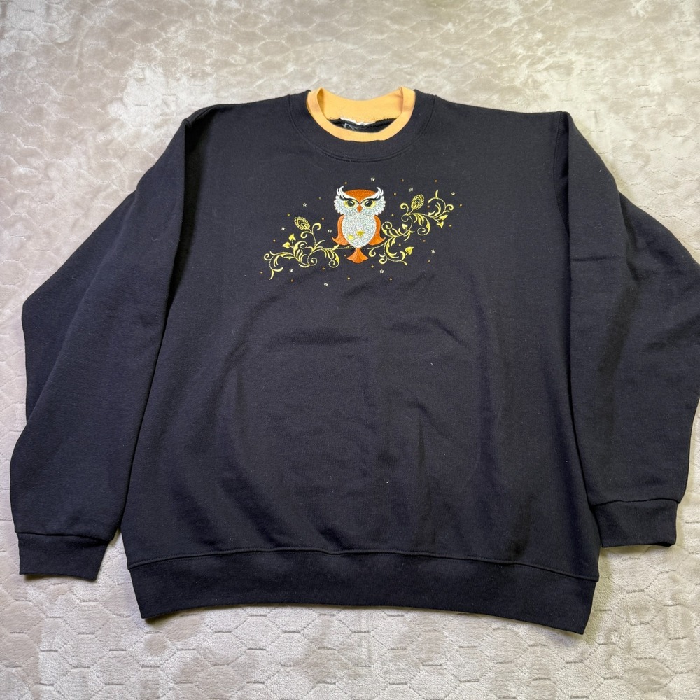 VTG Cottagecore‎ Owl Embroidered Sweatshirt Sz XXL Black Crew Neck Fall